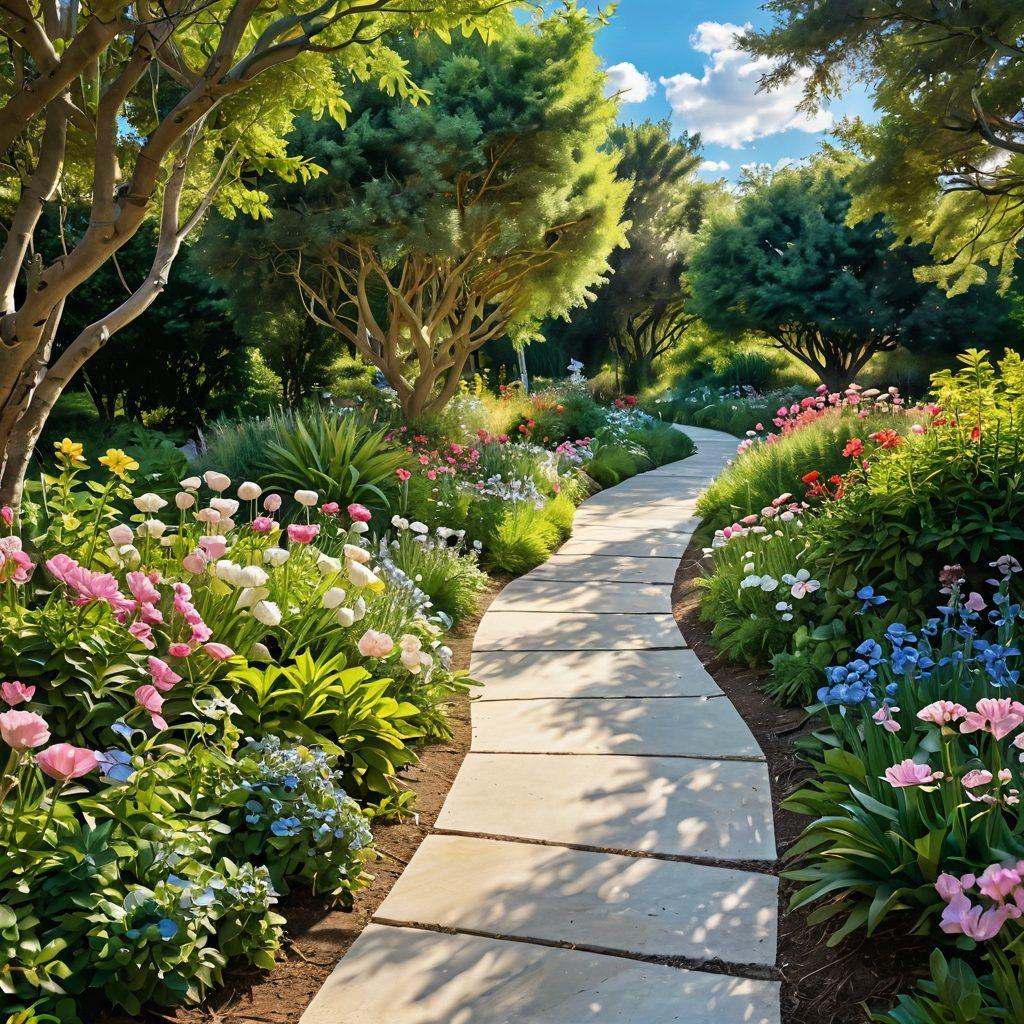 A serene landscape depicting a winding path through a lush garden symbolizing hope, with soft sunlight filtering through trees. Include a variety of flowers representing different types of cancer awareness ribbons. In the background, a calming blue sky with fluffy clouds represents optimism. Integrate subtle icons of resources like books and support groups along the path.  super-realistic. vibrant colors. ethereal lighting.