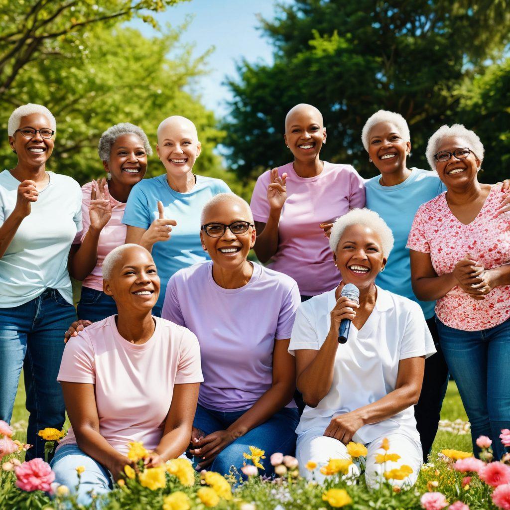 A diverse group of cancer survivors joyfully sharing their stories in a sunny park, surrounded by blooming flowers, symbolizing hope and resilience. Include elements like a megaphone to represent empowerment, and a backdrop of informative posters on prevention strategies. Capture emotions of strength and camaraderie among them. super-realistic. vibrant colors. uplifting atmosphere.