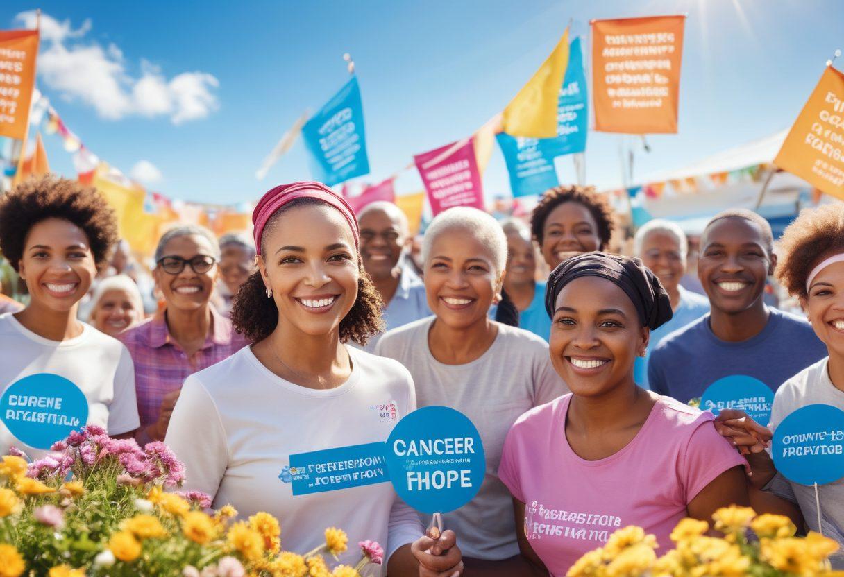 A diverse group of individuals, united and smiling, participating in a community health event focused on cancer prevention. In the background, colorful banners featuring prevention strategies and supportive messages, flowers symbolizing hope scattered around. The scene reflects togetherness and optimism, with sunlight streaming through a bright blue sky. super-realistic. vibrant colors. community atmosphere.